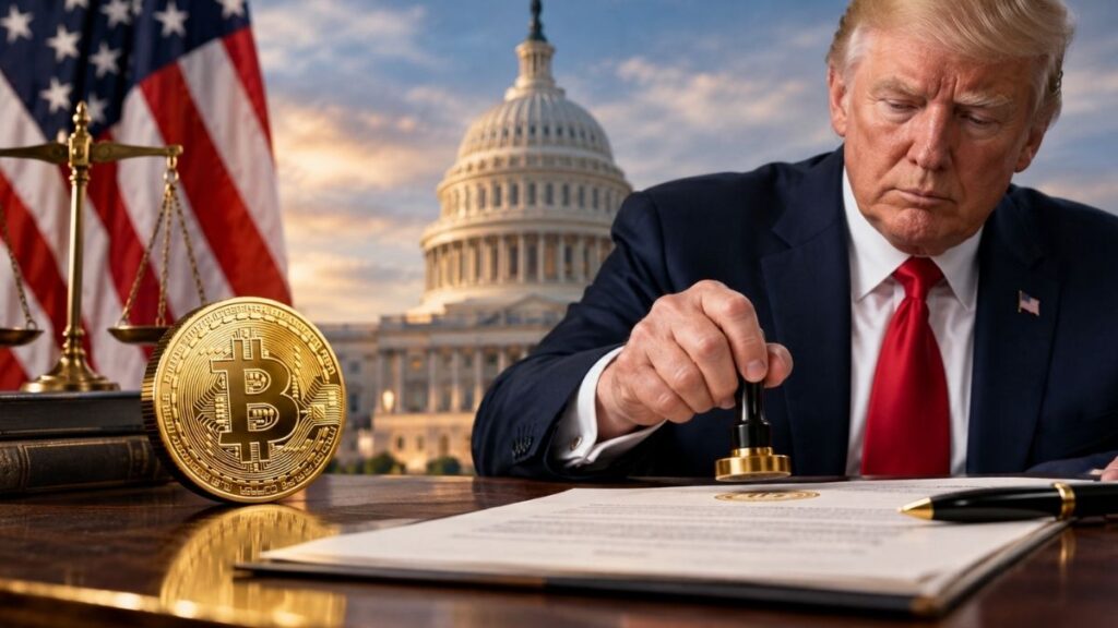 Donald Trump sellando un documento oficial junto a una moneda dorada de Bitcoin con el Capitolio de EE. UU. de fondo.