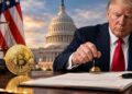 Donald Trump sellando un documento oficial junto a una moneda dorada de Bitcoin con el Capitolio de EE. UU. de fondo.