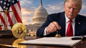 Donald Trump sellando un documento oficial junto a una moneda dorada de Bitcoin con el Capitolio de EE. UU. de fondo.