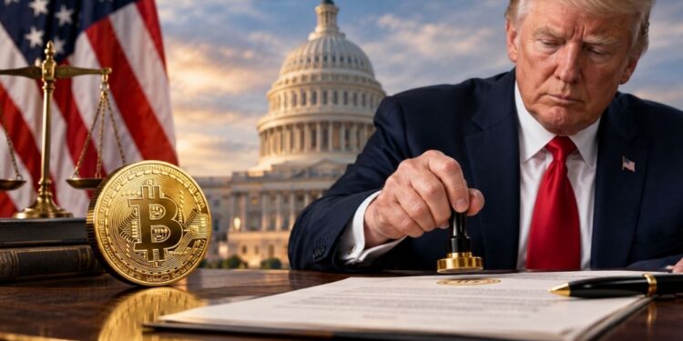 Donald Trump sellando un documento oficial junto a una moneda dorada de Bitcoin con el Capitolio de EE. UU. de fondo.