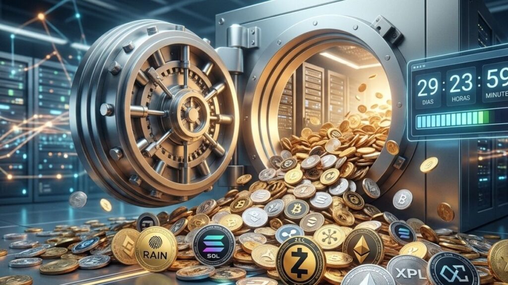 Bóveda digital futurista abierta liberando monedas de SOL, ZEC, RAIN y XPL con cuenta regresiva.