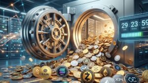 Bóveda digital futurista abierta liberando monedas de SOL, ZEC, RAIN y XPL con cuenta regresiva.