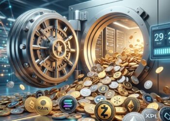 Bóveda digital futurista abierta liberando monedas de SOL, ZEC, RAIN y XPL con cuenta regresiva.