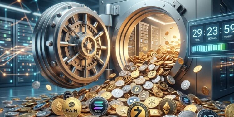 Bóveda digital futurista abierta liberando monedas de SOL, ZEC, RAIN y XPL con cuenta regresiva.
