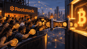 Imagen que simboliza los masivos retiros desde Rootstock hacia Bitcoin.