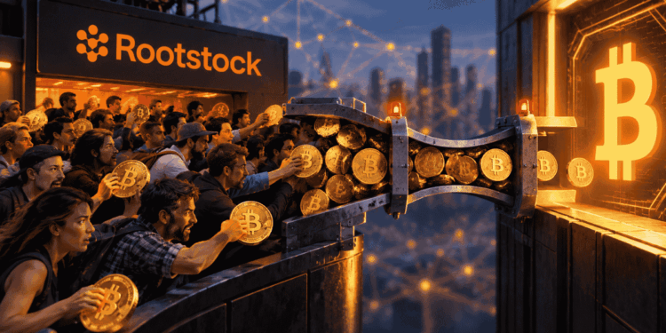 Imagen que simboliza los masivos retiros desde Rootstock hacia Bitcoin.