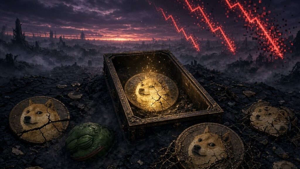 Monedas de dogecoin y pepe agrietadas en un paisaje apocalíptico con flechas rojas de caída en el fondo.