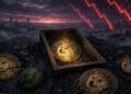 Monedas de dogecoin y pepe agrietadas en un paisaje apocalíptico con flechas rojas de caída en el fondo.