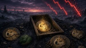 Monedas de dogecoin y pepe agrietadas en un paisaje apocalíptico con flechas rojas de caída en el fondo.