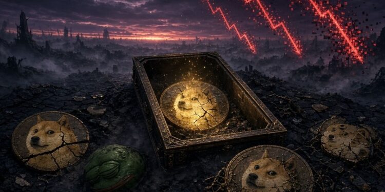 Monedas de dogecoin y pepe agrietadas en un paisaje apocalíptico con flechas rojas de caída en el fondo.