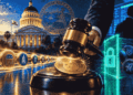Ilustración editorial sobre la ley AB 2409 de California: un mazo de juez golpea una moneda digital genérica de memecoin en primer plano. Al fondo, la silueta del Capitolio de California con un sello oficial. A un lado, monedas digitales antiguas con símbolos políticos pasan libres; al otro, monedas nuevas están bloqueadas por un candado digital. Representa la prohibición de emitir memecoins por funcionarios públicos y la exención de los tokens existentes.