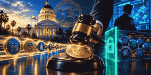 Ilustración editorial sobre la ley AB 2409 de California: un mazo de juez golpea una moneda digital genérica de memecoin en primer plano. Al fondo, la silueta del Capitolio de California con un sello oficial. A un lado, monedas digitales antiguas con símbolos políticos pasan libres; al otro, monedas nuevas están bloqueadas por un candado digital. Representa la prohibición de emitir memecoins por funcionarios públicos y la exención de los tokens existentes.
