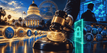 Ilustración editorial sobre la ley AB 2409 de California: un mazo de juez golpea una moneda digital genérica de memecoin en primer plano. Al fondo, la silueta del Capitolio de California con un sello oficial. A un lado, monedas digitales antiguas con símbolos políticos pasan libres; al otro, monedas nuevas están bloqueadas por un candado digital. Representa la prohibición de emitir memecoins por funcionarios públicos y la exención de los tokens existentes.