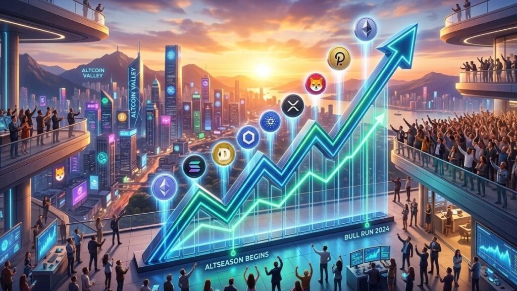 Gráfico financiero en ascenso con hologramas de altcoins sobre una ciudad futurista al amanecer.