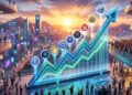 Gráfico financiero en ascenso con hologramas de altcoins sobre una ciudad futurista al amanecer.