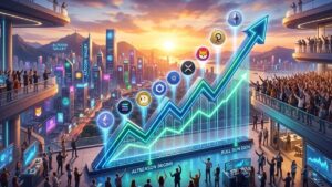 Gráfico financiero en ascenso con hologramas de altcoins sobre una ciudad futurista al amanecer.