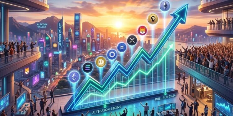 Gráfico financiero en ascenso con hologramas de altcoins sobre una ciudad futurista al amanecer.