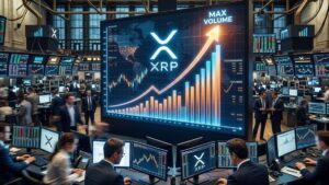 Gráfico financiero en una pantalla de trading que muestra un pico de volumen alto con el logo de XRP en una sala de operaciones.