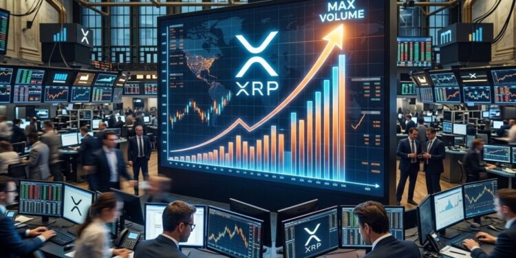 Gráfico financiero en una pantalla de trading que muestra un pico de volumen alto con el logo de XRP en una sala de operaciones.