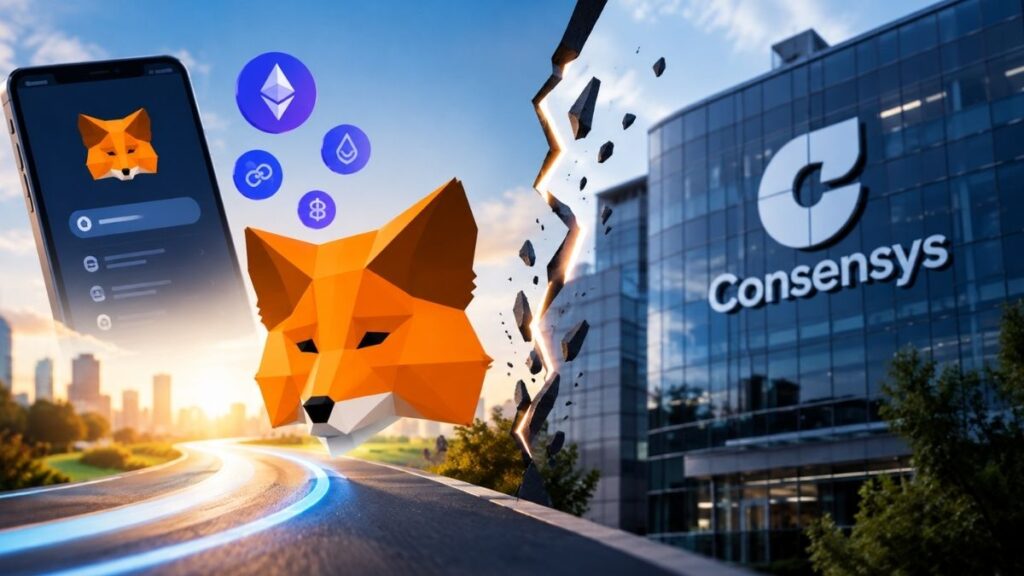 Smartphone con MetaMask e iconos de criptomonedas junto al logotipo de Consensys separado por una grieta.