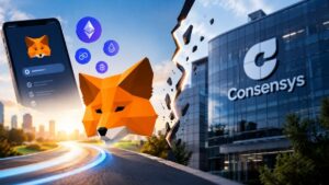 Smartphone con MetaMask e iconos de criptomonedas junto al logotipo de Consensys separado por una grieta.
