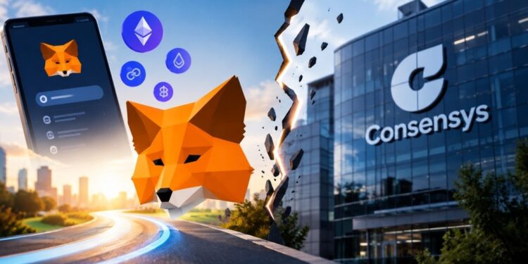 Smartphone con MetaMask e iconos de criptomonedas junto al logotipo de Consensys separado por una grieta.