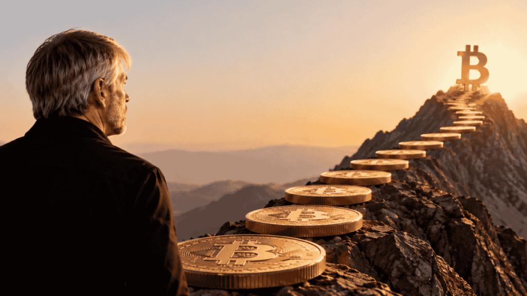 Michael Saylor escalando una montaña con monedas de bitcoin en lugar de peldaños.