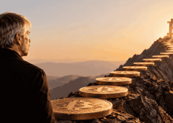 Michael Saylor escalando una montaña con monedas de bitcoin en lugar de peldaños.