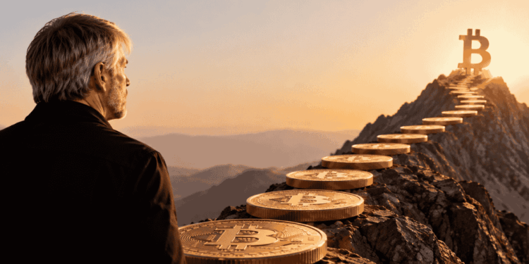 Michael Saylor escalando una montaña con monedas de bitcoin en lugar de peldaños.