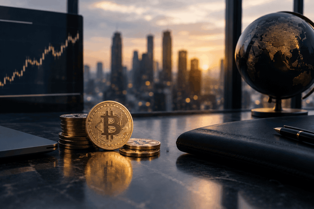 Moneda de Bitcoin y varias monedas doradas sobre un escritorio, con una ciudad y un globo terráqueo al fondo.