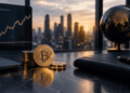 Moneda de Bitcoin y varias monedas doradas sobre un escritorio, con una ciudad y un globo terráqueo al fondo.