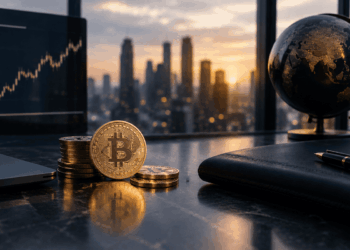Moneda de Bitcoin y varias monedas doradas sobre un escritorio, con una ciudad y un globo terráqueo al fondo.