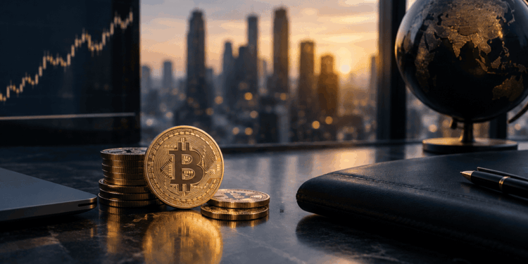 Moneda de Bitcoin y varias monedas doradas sobre un escritorio, con una ciudad y un globo terráqueo al fondo.