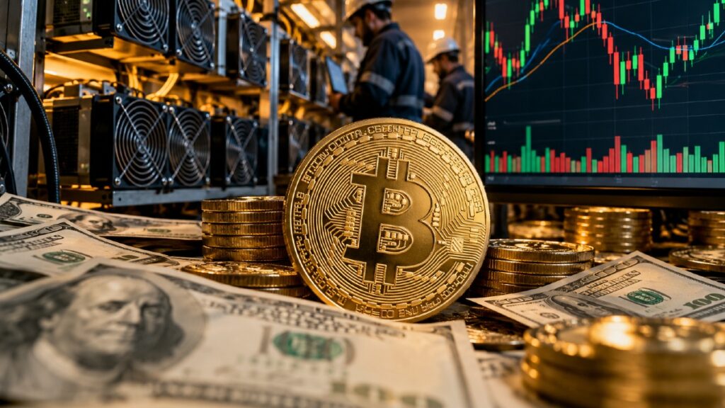 Bitcoin con mineros, dólares alrededor y gráfica de mercado mixta.