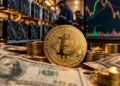 Bitcoin con mineros, dólares alrededor y gráfica de mercado mixta.