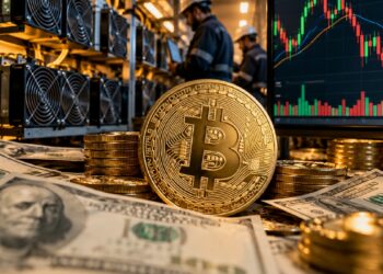 Bitcoin con mineros, dólares alrededor y gráfica de mercado mixta.
