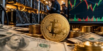 Bitcoin con mineros, dólares alrededor y gráfica de mercado mixta.