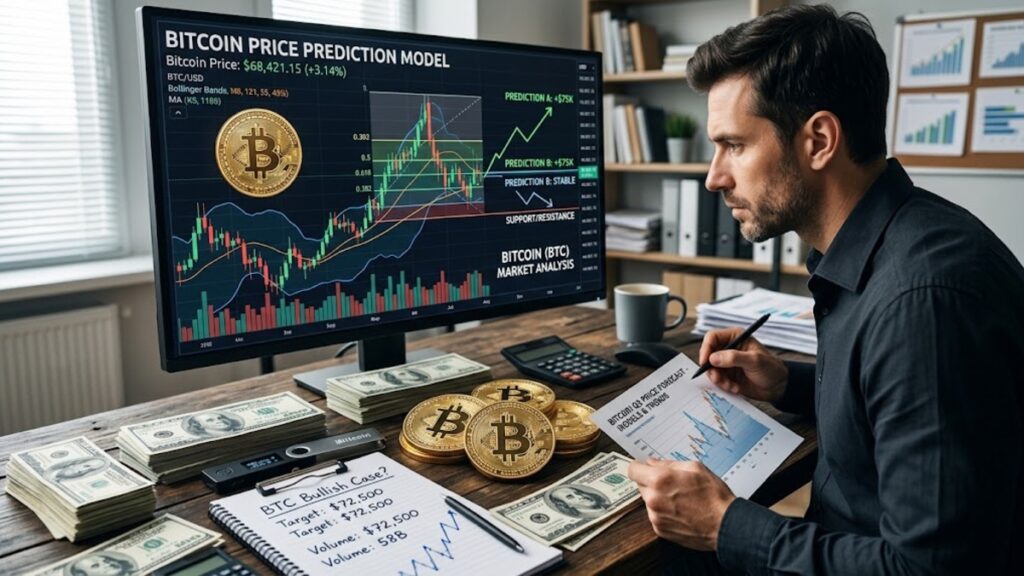 Un trader de bitcoin con modelos de predicción de precio y dólares alrededor.