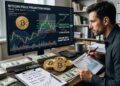 Un trader de bitcoin con modelos de predicción de precio y dólares alrededor.