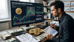 Un trader de bitcoin con modelos de predicción de precio y dólares alrededor.