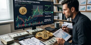 Un trader de bitcoin con modelos de predicción de precio y dólares alrededor.