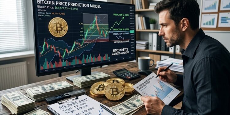 Un trader de bitcoin con modelos de predicción de precio y dólares alrededor.