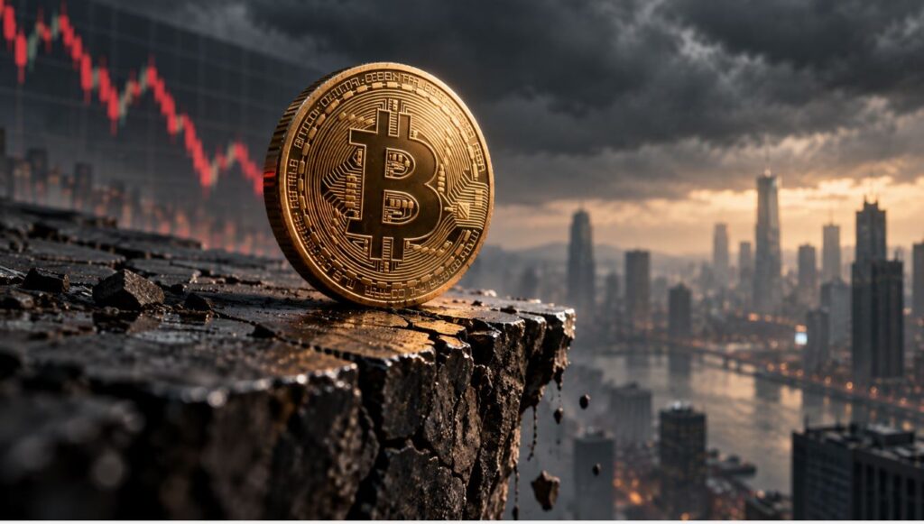 Una moneda física de bitcoin mira desde una montaña a la ciudad.