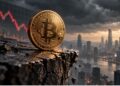 Una moneda física de bitcoin mira desde una montaña a la ciudad.