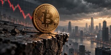 Una moneda física de bitcoin mira desde una montaña a la ciudad.
