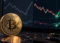 Una moneda física de bitcoin junto a una pantalla que muestra gráficos de precio.