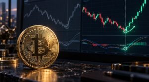 Una moneda física de bitcoin junto a una pantalla que muestra gráficos de precio.