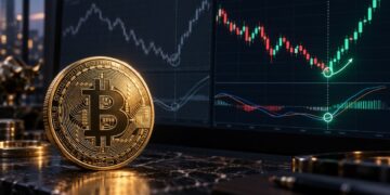 Una moneda física de bitcoin junto a una pantalla que muestra gráficos de precio.