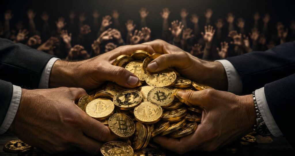 Dos manos agarrando monedas físicas de bitcoin.