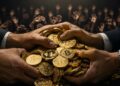 Dos manos agarrando monedas físicas de bitcoin.